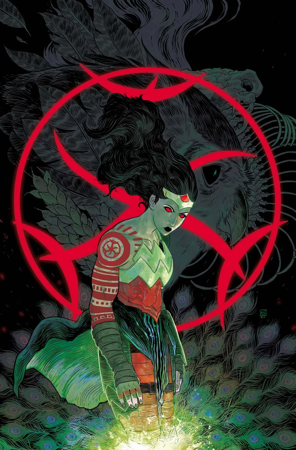 This reboot of The Conjuring is next level. Comics page of Wonder Woman standing powerfully in green flame, in front of a rune and several animal spirits.