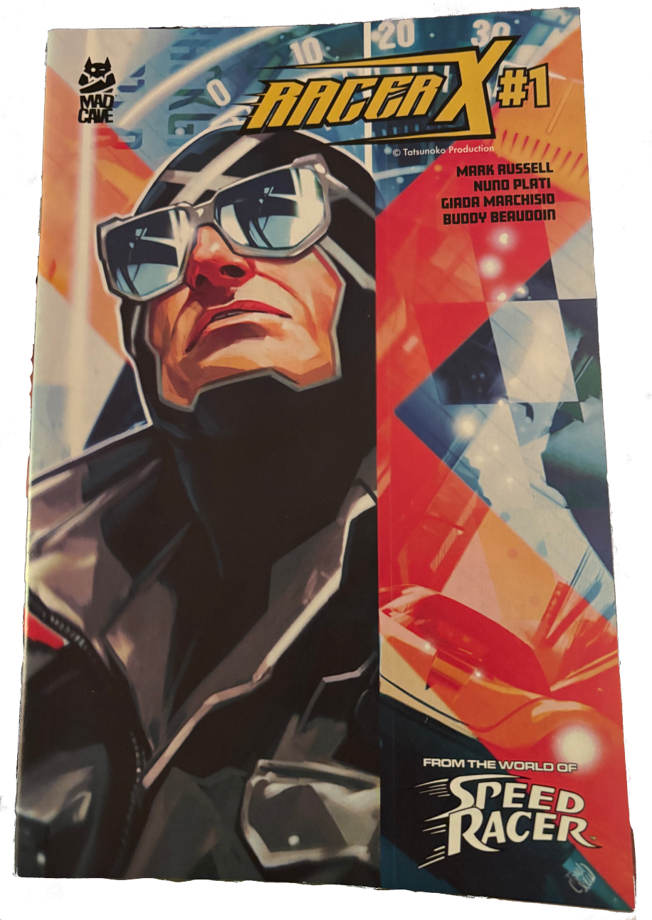 Comic cover of the first issue of Racer X by Mad Cave Studio. It's like a collage of the hero and his racing adventures.