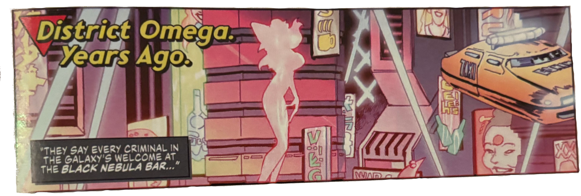 A wide comic book panel establishing the setting of a futristic city. There's a giant holographic sillouhuette of a woman, a hover taxi, and unusually shaped skyscrapers, covered in vents and seedy advertisements.